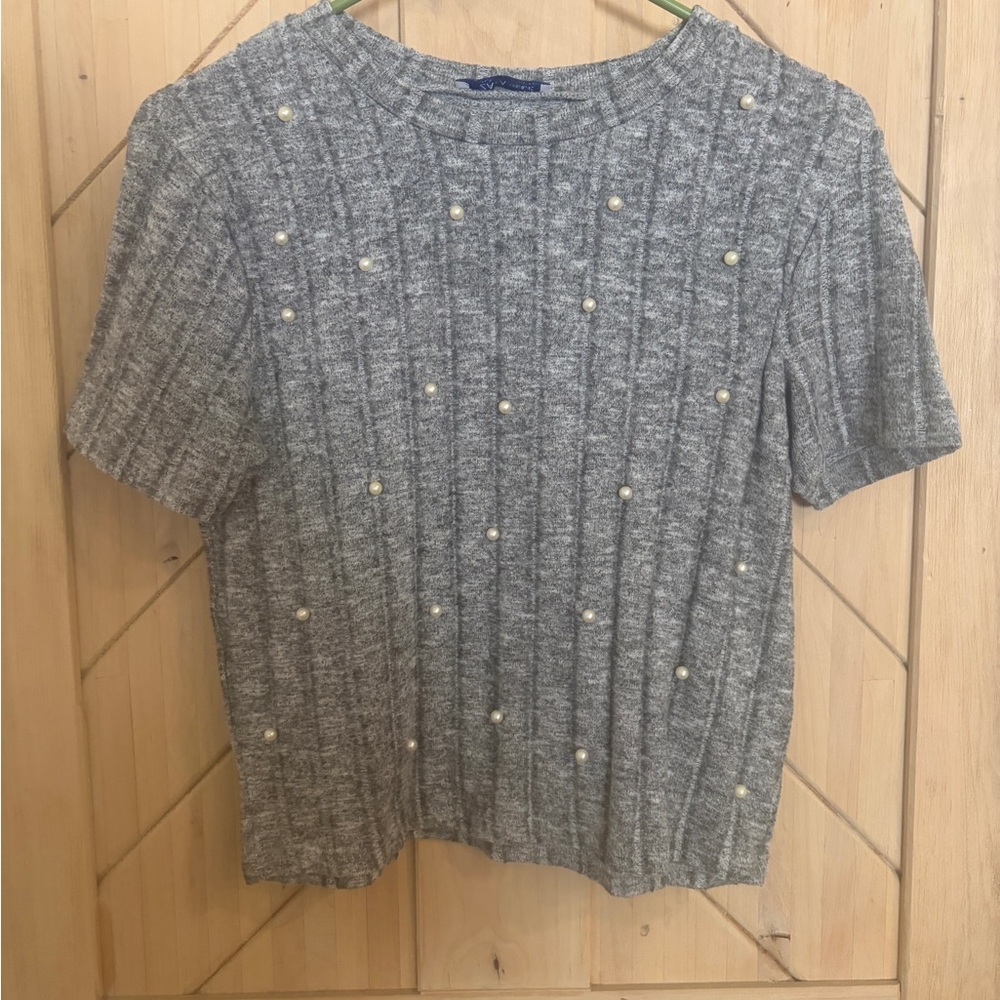 zara grey pearl knit top